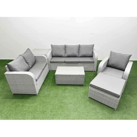 Fimous Patio PE Wicker 7 Seater Outdoor Rattan Furniture Sofa Sets with Rectangular Coffee Table Reclining Chair Loveseat Sofa 3 Seater Sofa Big Footstool Side Table Light Grey (1/4)