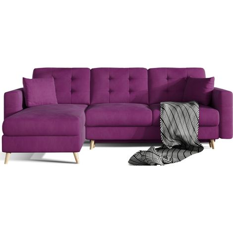 Sofá de esquina convertible HASGARD 3 plazas violeta 248x162 cm – con almacenamiento y patas de madera