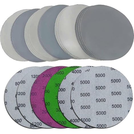 24 disques abrasifs de 125 mm, grains 800/1200/2000/3000/4000/5000, ronds, pour ponçage à sec ou à l'eau. (1/5)