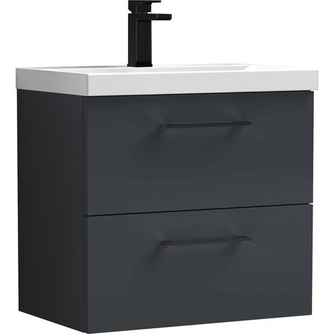 Balterley 600mm Wall Hung Bathroom 2 Drawer Vanity Unit and 1 Tap Hole Ceramic Basin, Satin Dark Grey with Black Handles