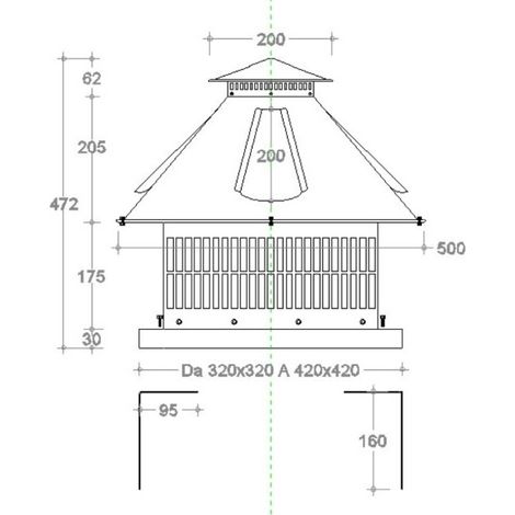 Aspiratore aspirafumi elettrico testa spiovente e base quadra regolabile da 320x320 a 420x420mm in acciaio inox (1/3)