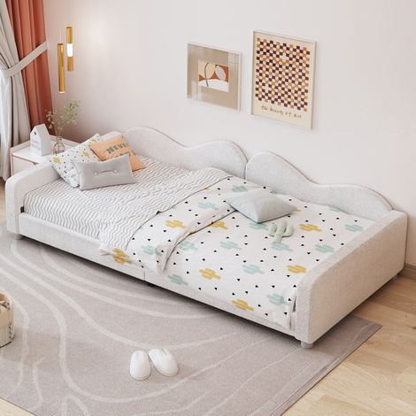 Lit pour enfant canapé convertible 90x200 cm, cadre de lit en tissu teddy, lit multifonction moelleux avec dossier et accoudoirs, lit pour adolescent lit d’invité blanc (1/5)