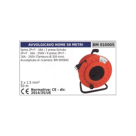 Kabeltrommel 50m Stecker 2-polig+Erde 16A 1 Schuko-Steckdose 2-polig+Erde 16A 250V