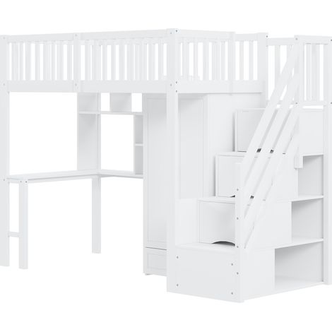 Letto a soppalco 90 x 200 cm bianco con armadio, scrivania, scaffale e scala contenitore (1/5)