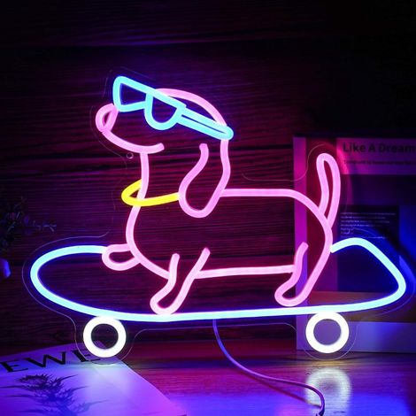 Letrero luminoso LED con forma de perro patinando, 40,5 x 32 cm (1/5)