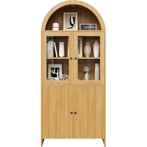 Buffet Haut Vitrine Vaisselier 176cm Meuble de Rangement Salon Portes en Verre et Cannelées Bois Naturel GL6289N (1/5)