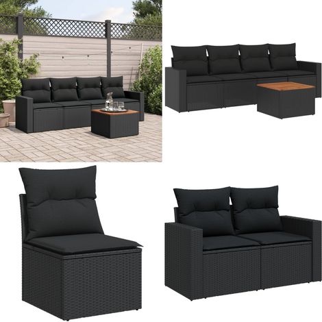 5-tlg. Garten-Sofagarnitur mit Kissen Schwarz Poly Rattan - Gartenmöbel Set - Outdoor Möbel - Rattan Gartenset - Lounge Set - Esstisch Set - Home & Living (1/5)