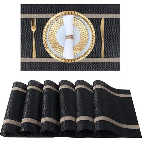 Sechs Platzsets – aus Seide gewebt – strapazierfähig und pflegeleicht – ideal für Hochzeiten, Bankette, Geburtstage und Restaurantdekoration – 45 x 30 cm – Schwarz
