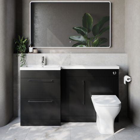 Napoli 390 Matt Black 1500mm 2 Drawer Vanity Unit Toilet Suite with Left Hand Square Lucia Basin - 1500mm - Chrome 320mm HandleWith Kingston Toilet Pan and Seat
