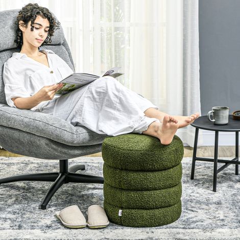 Tabouret rond. Revêtement en polaire effet peluche. Supporte jusqu'à 120 kg. Dimensions : Ø 40 x H 45 cm. Vert.