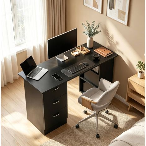 Computertisch 120 x 49 x 72 cm mit 3 Schubladen und 3 Regalen, MDF, schwarz HAVRYA (1/5)
