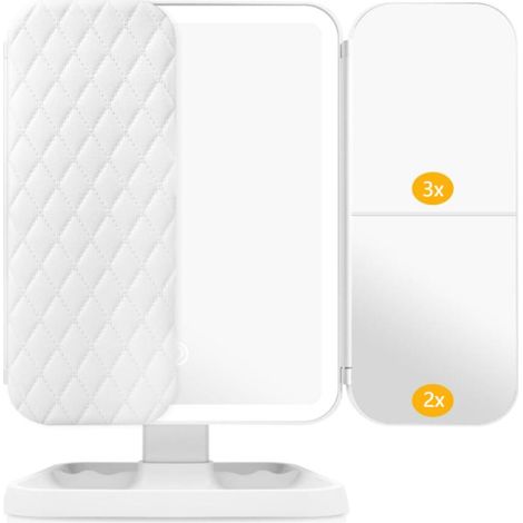 Blanc, Miroir de Maquillage, 1x /2x/3x Miroir de Maquillage à Trois Volets avec 52 Lumières LED et Miroir Coiffeuse LED 2000mAh, Miroir Réglable à écran Tactile Miroirs de Comptoir Cosmétiques