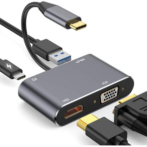 USB-C-auf-4K-HD-MI-VGA-Adapter, 4-in-1-USB-Typ-C-3.0-OTG-Hub, kompatibel mit MacBook Pro/Dell XPS/Samsung Galaxy/iPad Pro/Chromeboo