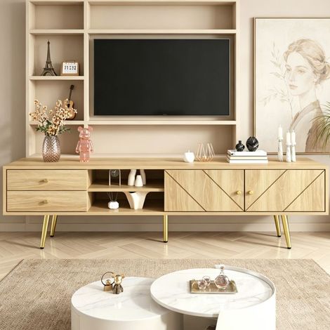 Meuble TV - Meuble TV bois 160 cm - Portes striées obliques - 2 tiroirs & 2 niches - Pieds dorés (1/5)