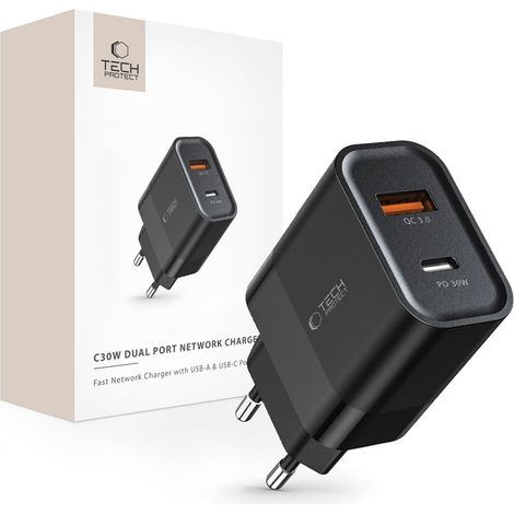 Caricabatterie di rete a 2 porte Tech-Protect C30W PD30W/QC3.0 nero (1/5)