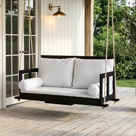 Balancelle double de jardin en bois d’acacia avec coussins et 2 cordes de suspension noir