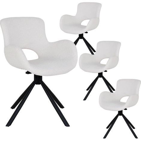 HERMOS - Lot de 4 Fauteuils de Table Tissu Bouclé Blanc Pied Pivotant Métal Noir (1/5)