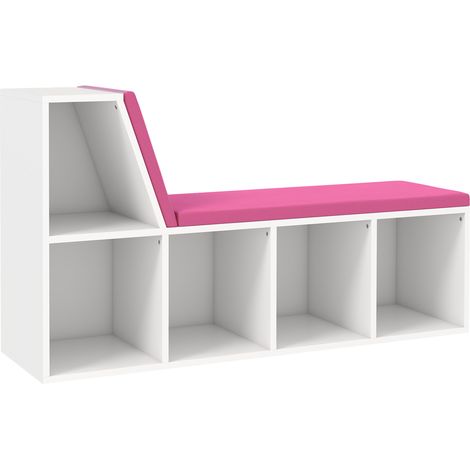 Bibliothèque/banc 2 en 1 avec 5 compartiments de rangement et 2 coussins, 108 x 30 x 60 cm, blanc et rose (1/5)
