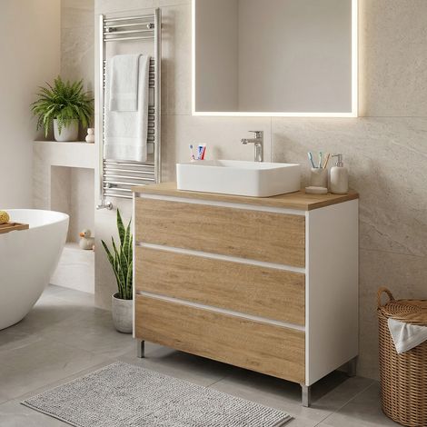Meuble vasque à poser L.100cm sur pied Blanc laqué 3 tiroirs Chêne naturel LISBONA - sans colonne (1/5)