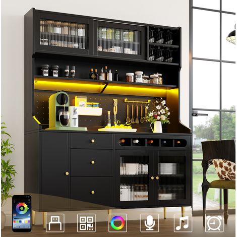 Buffet haut de cuisine en MDF et verre avec LED, étagères réglables et porte-bouteilles, noir (1/5)