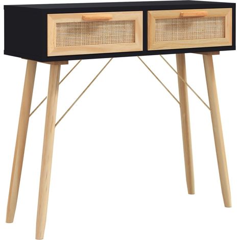 Table console，Table d'appoint，Bout de canapé，Meuble d'entrée Noir 80x30x75 cm Bois massif pin /rotin naturel