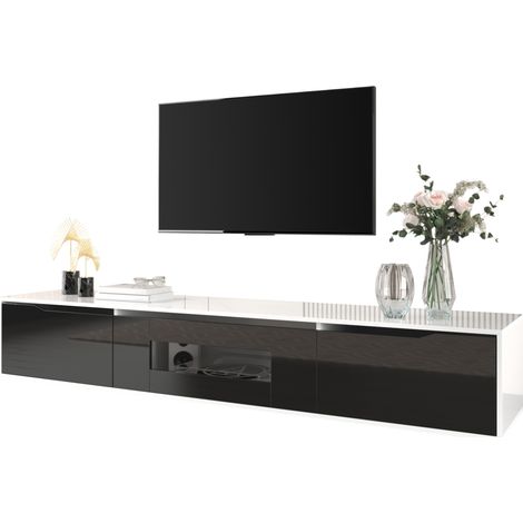 Mueble TV moderno de 180 cm en blanco y negro, con acabado alto brillo, LED de 16 colores y 4 modos, diseño ranurado y montaje mural, ideal para salón - CHICFURN (1/5)