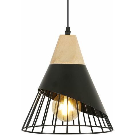 Suspension Plafonnier Rétro - Abat-jour Métal et Bois Massif - Douille E27 60 W - Câble Suspension 100 cm - Noir - 1 Pièce (1/5)
