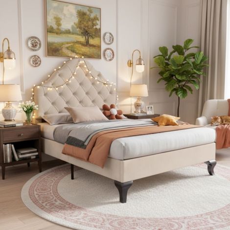 Letto imbottito 90 x 200 cm con rete a doghe e testiera regolabile in altezza, letto per bambini, letto singolo, rete a doghe in legno, facile da montare, velluto, beige