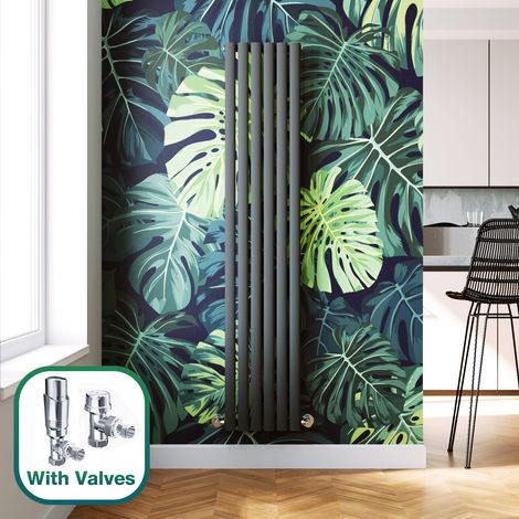 ELEGANT 1800 x 360 mm Anthracite Modern Tall Bar Rads Single Oval Panel Designer Bathroom Radiator + Chrome Thermostatic Radiator Valves (1/5)