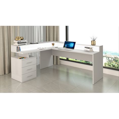 Bureau d'angle avec réhausse blanc laqué brillant Sevina (1/5)