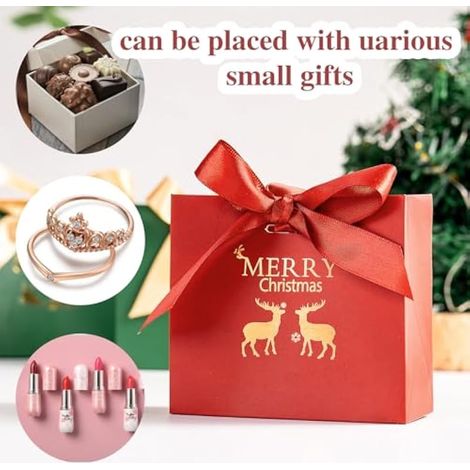 Lot de 10 sacs cadeaux de Noël, avec ruban, pour bonbons, petits sacs de Noël, motif élan imprimé à chaud, réutilisables, rouges.