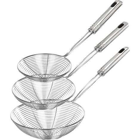 Colador de acero inoxidable, 3 piezas, colador, colador de cocina con mango largo y orificio para colgar, ideal para cocinar y freír (1/5)