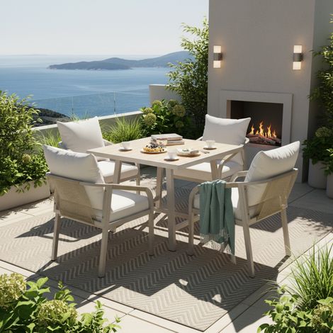 Salon de Jardin 4 Places en Corde Tressée Beige - Ensemble meubles de jardin, Table et Chaises avec Structure en Acier Galvanisé - Idéal Jardin et Balcon (1/5)