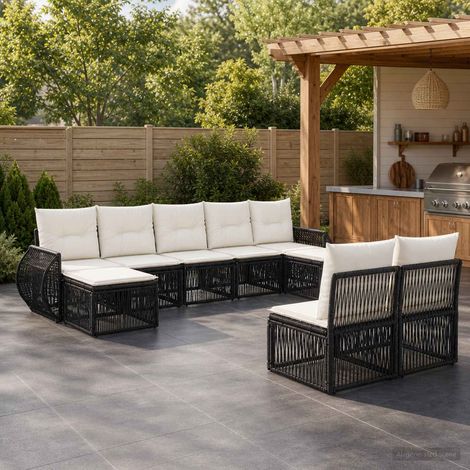 Salon de jardin modulable 9 pièces en polyrotin noir et blanc crème avec coussins - PANGIVO (1/5)