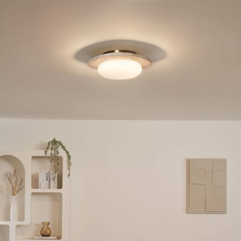 Runde LED-Deckenleuchte oder Wandleuchte aus beigem Travertin mit weißem Diffusor - Nyméria (1/5)