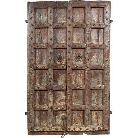 Biscottini – Porte en teck massif antique 116x178 cm – Fer forgé – Coulissante pour intérieur/extérieur – Rénovée et traitée pour usage extérieur