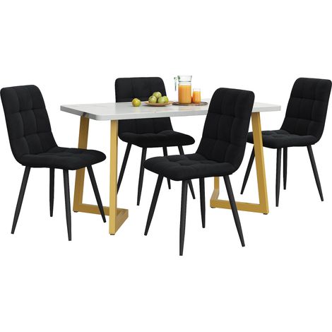 Table rectangulaire 117 cm moderne avec 4 chaises en velours noir et pieds dorés, ensemble salle à manger cuisine