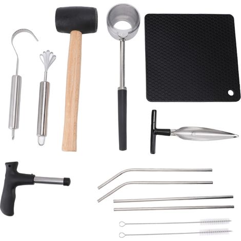 Ensemble d'outils pour ouvrir les noix de coco : pince à noix de coco en acier inoxydable, marteau en caoutchouc et tapis de paille. (1/5)