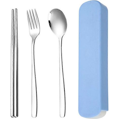 Ensemble de voyage portable avec boîte, vaisselle en acier inoxydable réutilisable pour pique-nique, camping et voyages - Bleu (1/5)