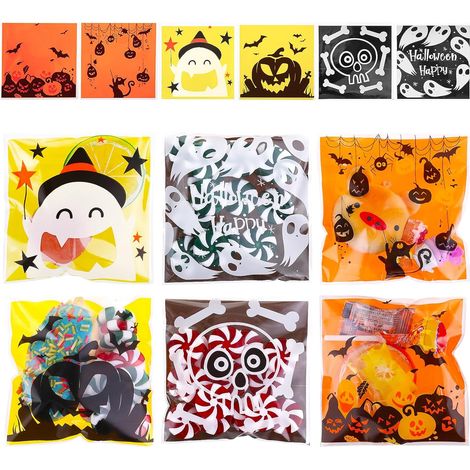 Paquete de 300 bolsas para golosinas de Halloween, 6 bolsas de dulces autoadhesivas transparentes de estilo lindo a granel para recuerdos de fiesta de Halloween (A) (1/5)