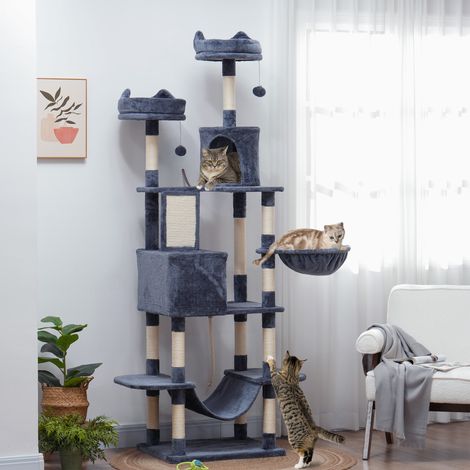 Arbre à chat géant, 206 cm de haut, avec plusieurs niveaux, niches, balles suspendues et hamacs, gris foncé