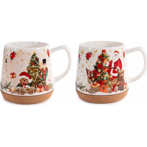 Tazze con fantasia di Natale in porcellana con base in sughero, set da 4 pezzi, Ø 11 cm x 11 H