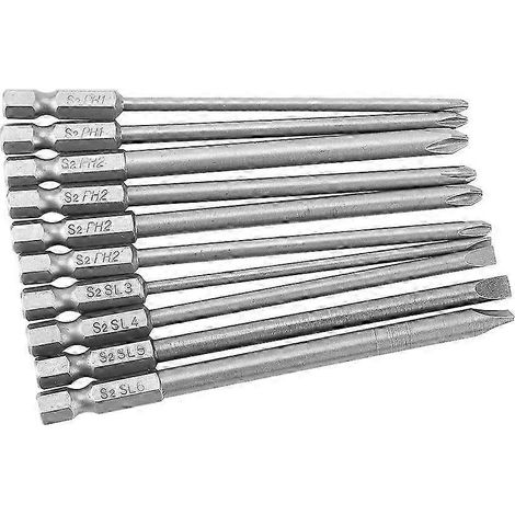 Jeu de 10 embouts de tournevis cruciformes en acier S2 PH1 PH2 à fente, tige hexagonale 1/4 pouce, 100 mm (1/4)
