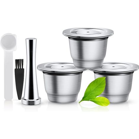 Lot de 3 capsules réutilisables en inox pour Nespresso, avec tamper, cuillère, brosse et joints silicone. (1/5)