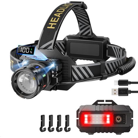 Lampe frontale LED rechargeable, 80 000 lm, lampe frontale LED super lumineuse avec lumière rouge et mode capteur, 9 modes d'éclairage, étanche IP65, mise au point réglable à 90°, pour la course, le (1/5)