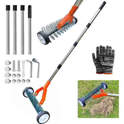 Escarificador manual con ruedas, aireador de césped con mango de 165 cm, aireador de césped con ruedas, raspador de jardín de metal, desmontable, ajustable, azada escarificadora para jardín y patio.