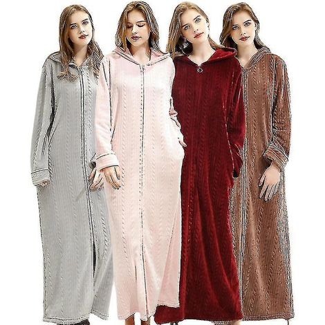 Peignoir à capuche pour femme, chaud et doux, en polaire, fermeture éclair, long, taille M, marron (1/3)