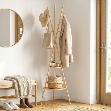 Perchero de pie de bambú natural con 9 ganchos y 2 estantes, 176 cm, OKMYHOME (1/5)