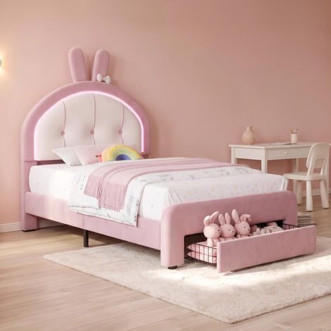 Cama infantil 90×200 cm – Cama de princesa – Motivo de conejo – Iluminación LED – Cajón – Somier de láminas – Terciopelo rosa (1/5)