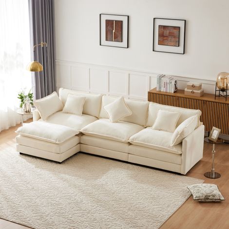 Canapé d'angle 283x147x84 cm 3 places avec repose-pieds, tissu chenille, meuble de salon et de chambre, beige (1/5)